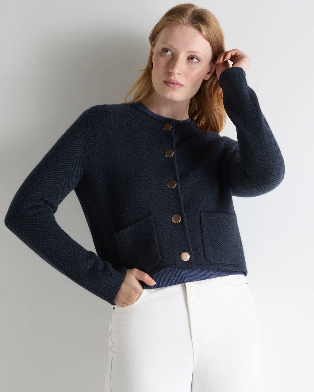 Women's Collarless Jacquard Cashmere Jacket - NAVY BLUE