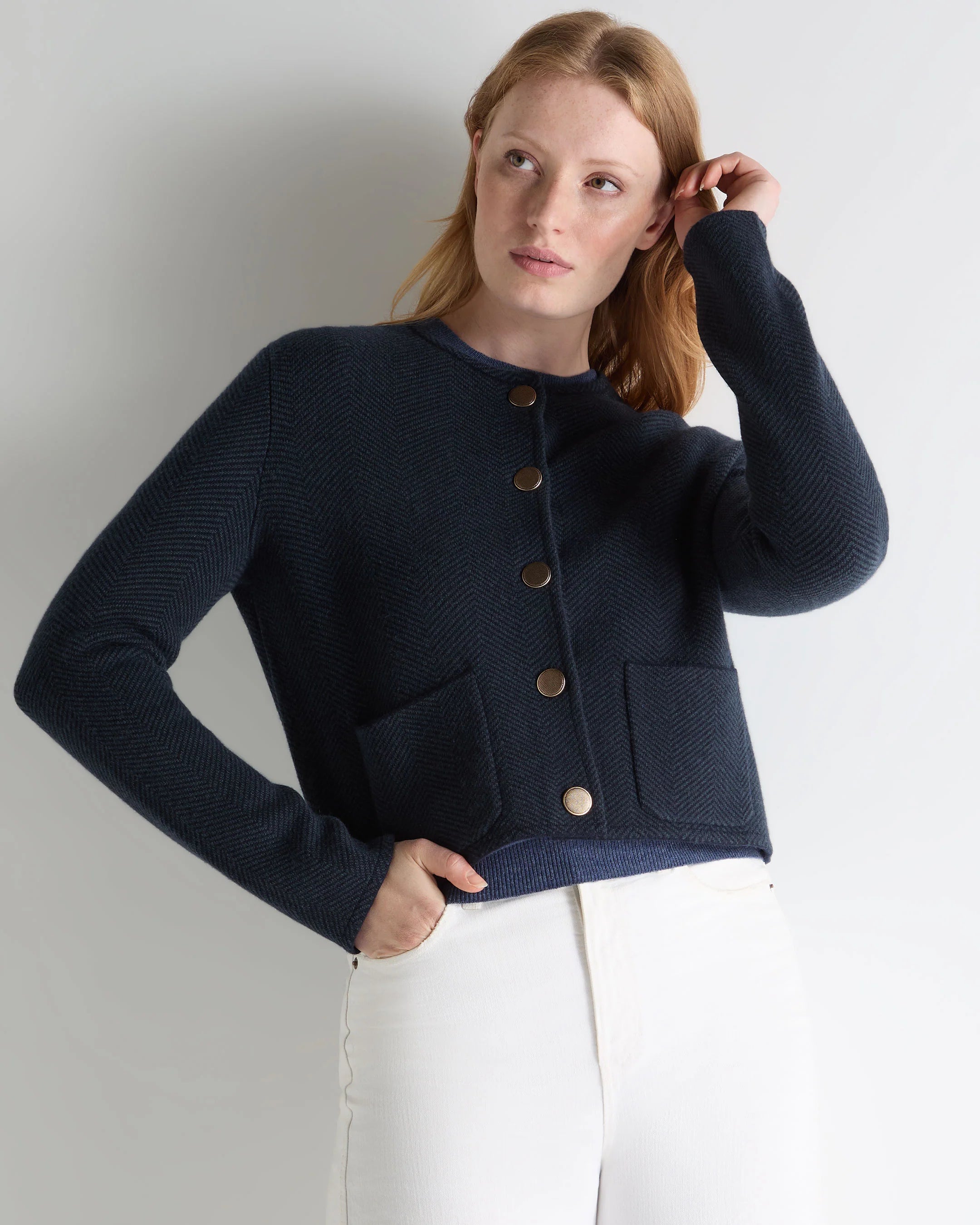 Women's Collarless Jacquard Cashmere Jacket - NAVY BLUE