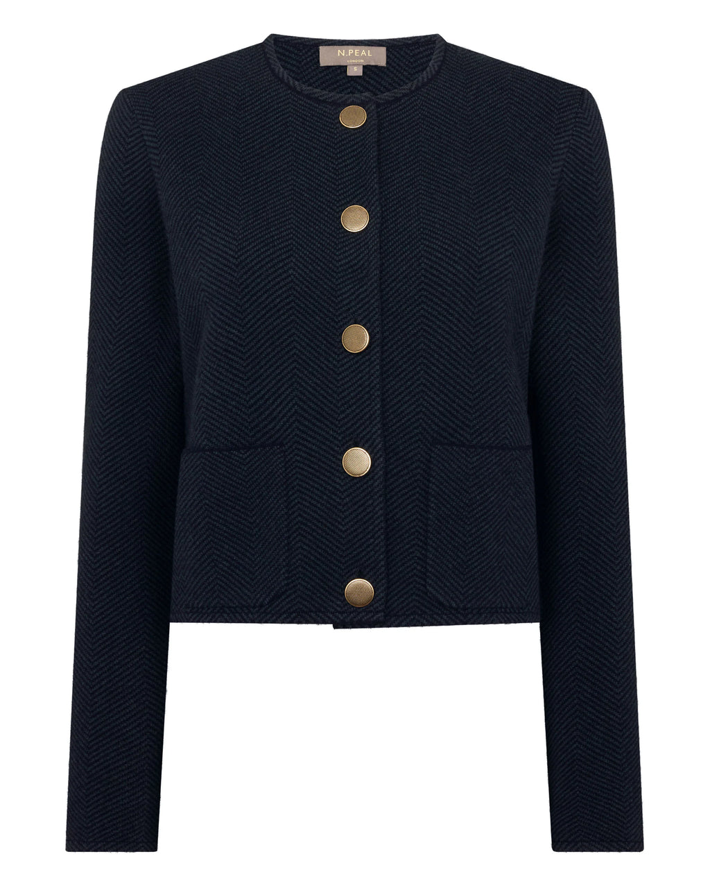 Women's Collarless Jacquard Cashmere Jacket - NAVY BLUE