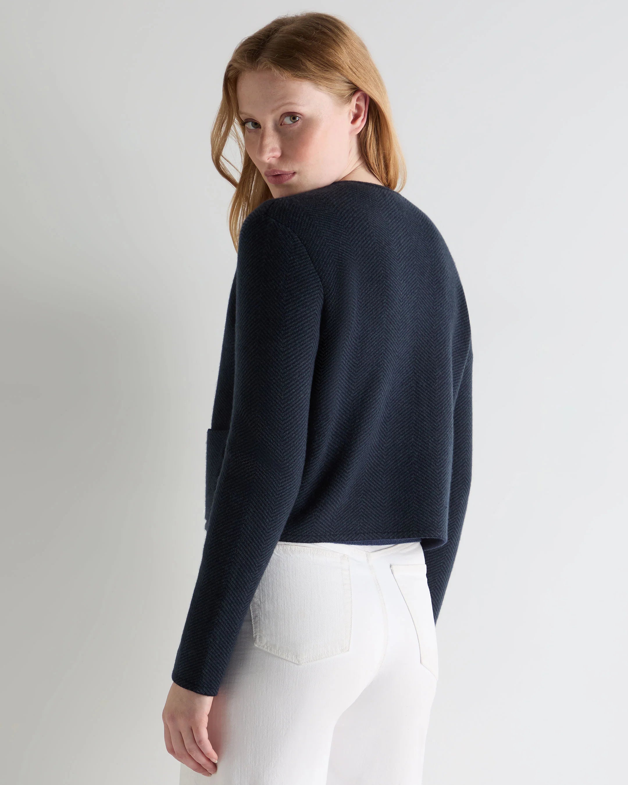 Women's Collarless Jacquard Cashmere Jacket - NAVY BLUE