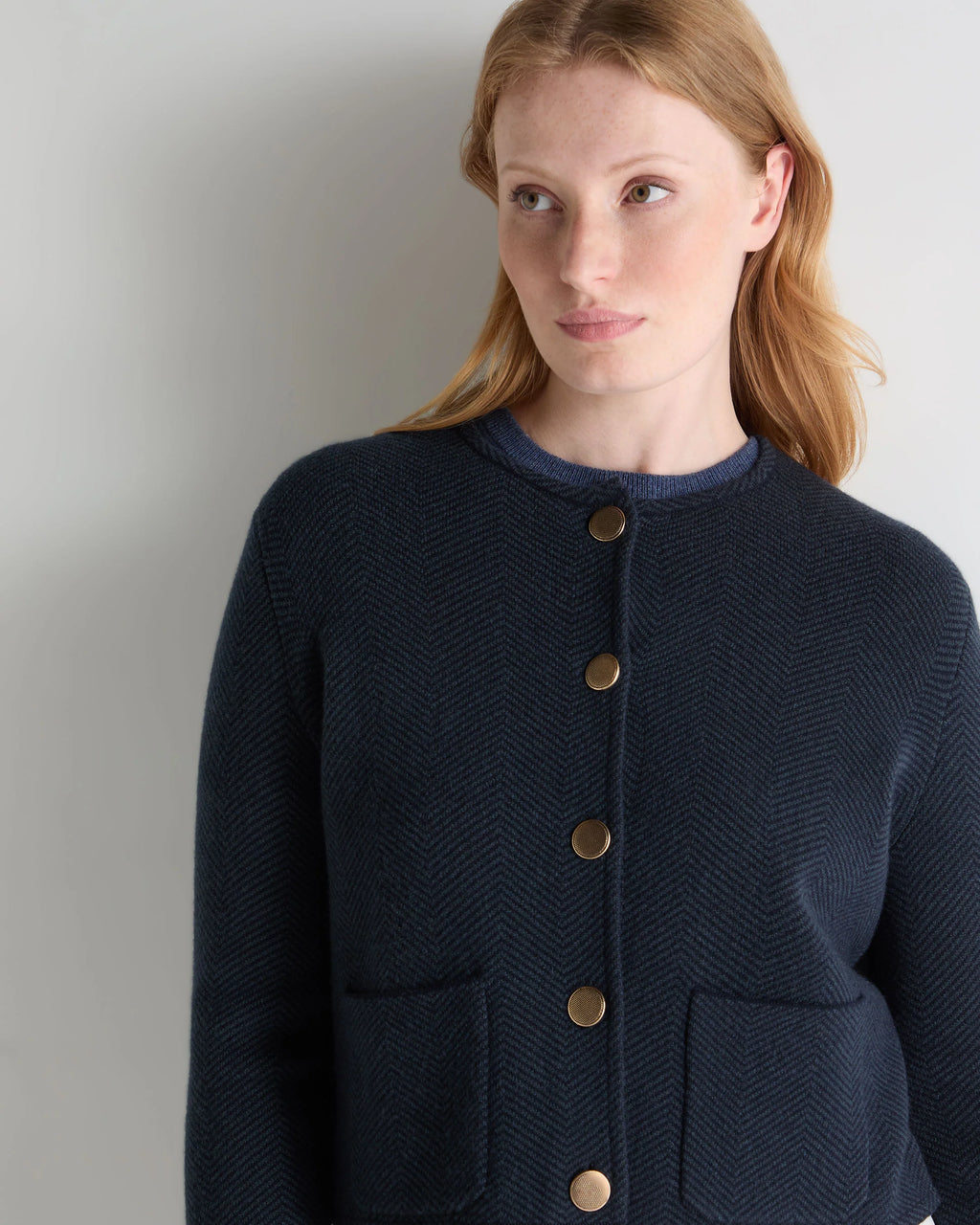 Women's Collarless Jacquard Cashmere Jacket - NAVY BLUE