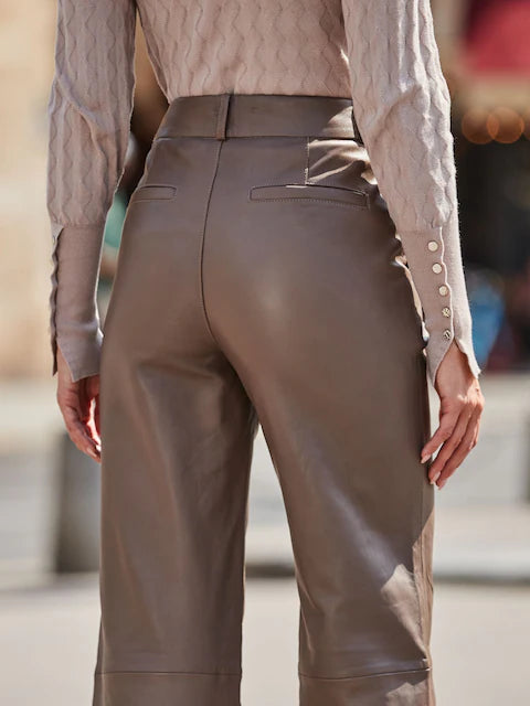 Natural Wide Leg Leather Trousers